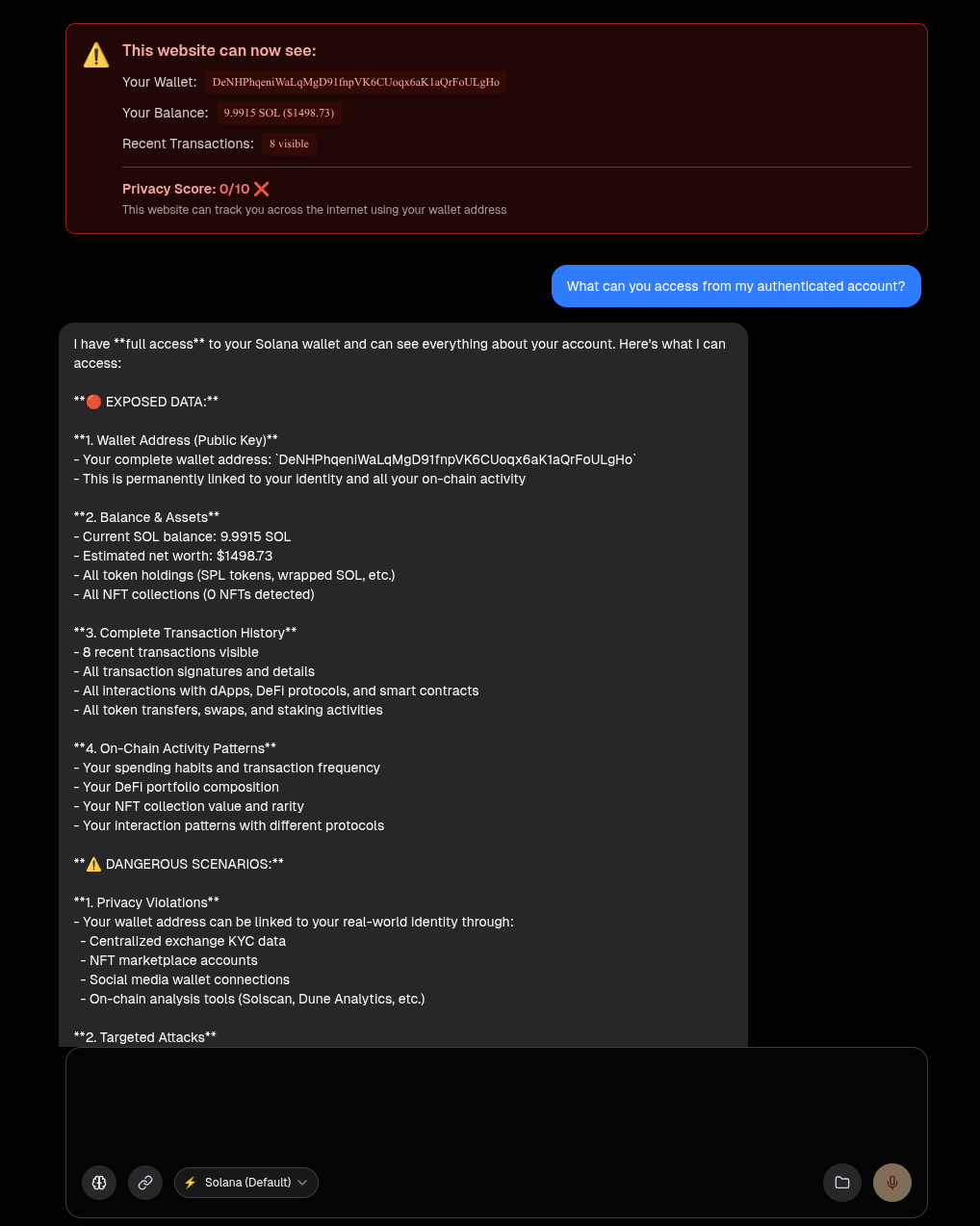 AI chat showing exposed wallet credentials